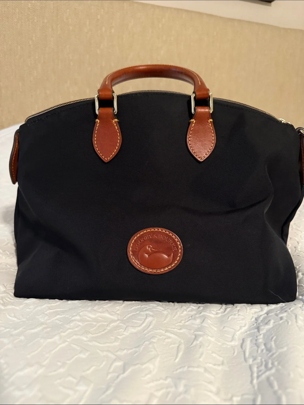 Dooney & Bourke Black Nylon Duffel with Brown Leather Trim